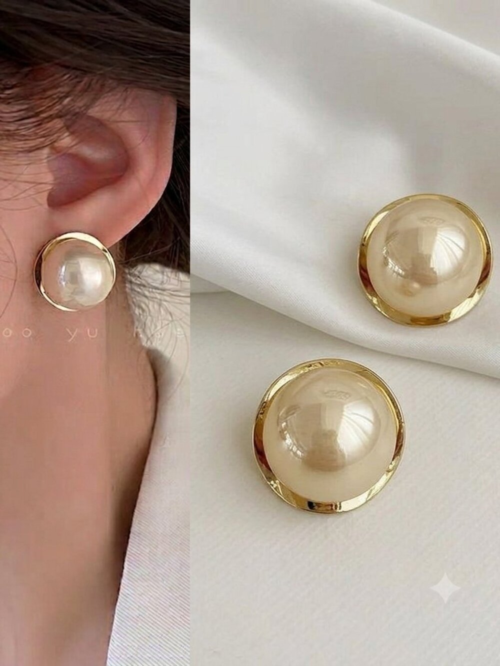 Elegant Large Pearl Stud Earrings with Gold Metal Rim - Chic Statement Jewelry